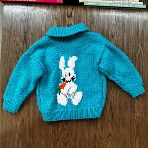 Vintage handmade intarsia knit bunny rabbit zip cardigan shawl collar 4 yrs